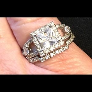 Sterling halo princess engagement wedding ring set size 7